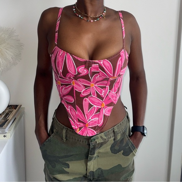 NWT Denim Corset Floral Print Dipped Hem - Picture 9 of 9